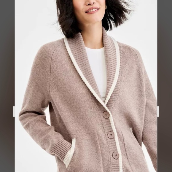 Charter Club 100% Cashmere Tipped Shawl-Collar Boyfriend Cardigan in Brown Sugar - Picture 3 of 11